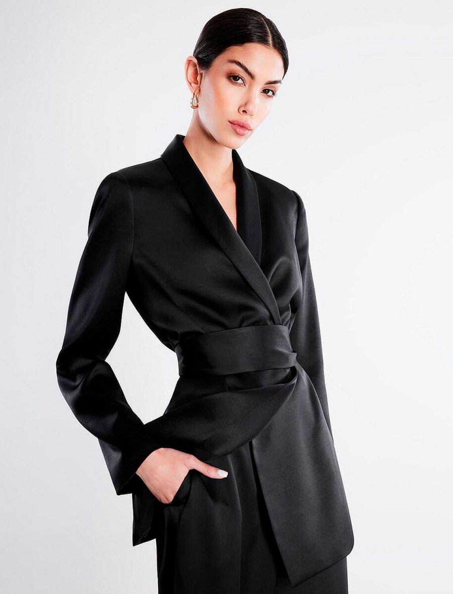 BCBG MAX AZRIA Satin Smocking Blazer Lazo On Waist Outerwear