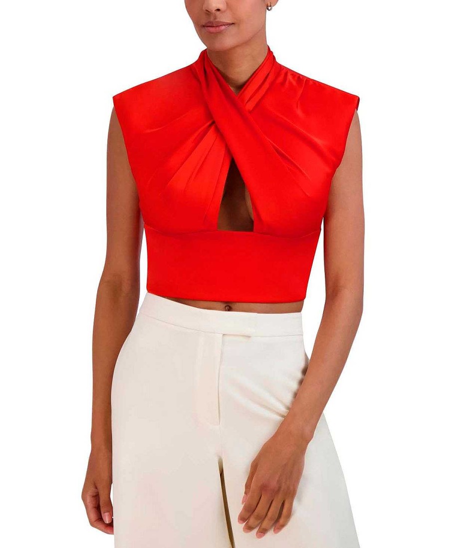 BCBG MAX AZRIA Crop Blouse Halter Effect Drapeed Cutout Tops