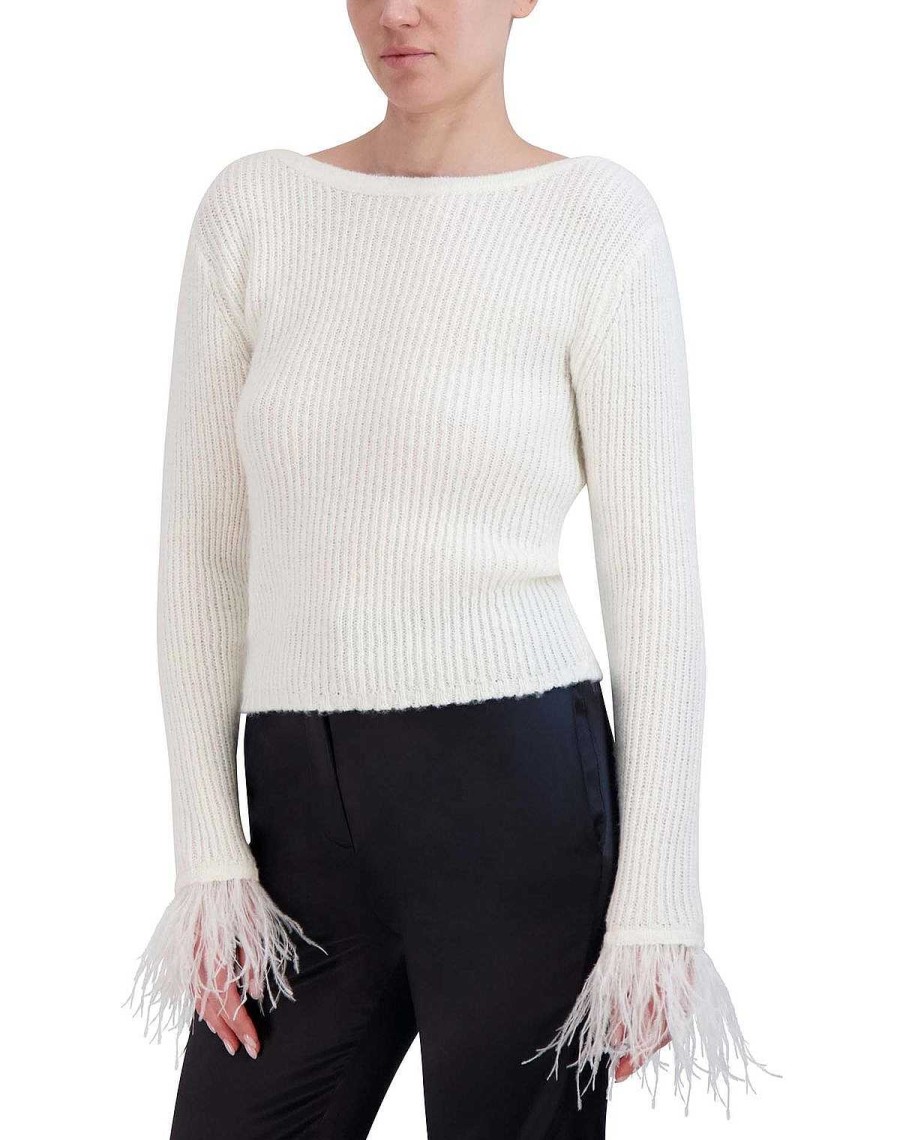 BCBG MAX AZRIA Large Sleeve Ribbed Sweater Pullover With Plumas Sweaters