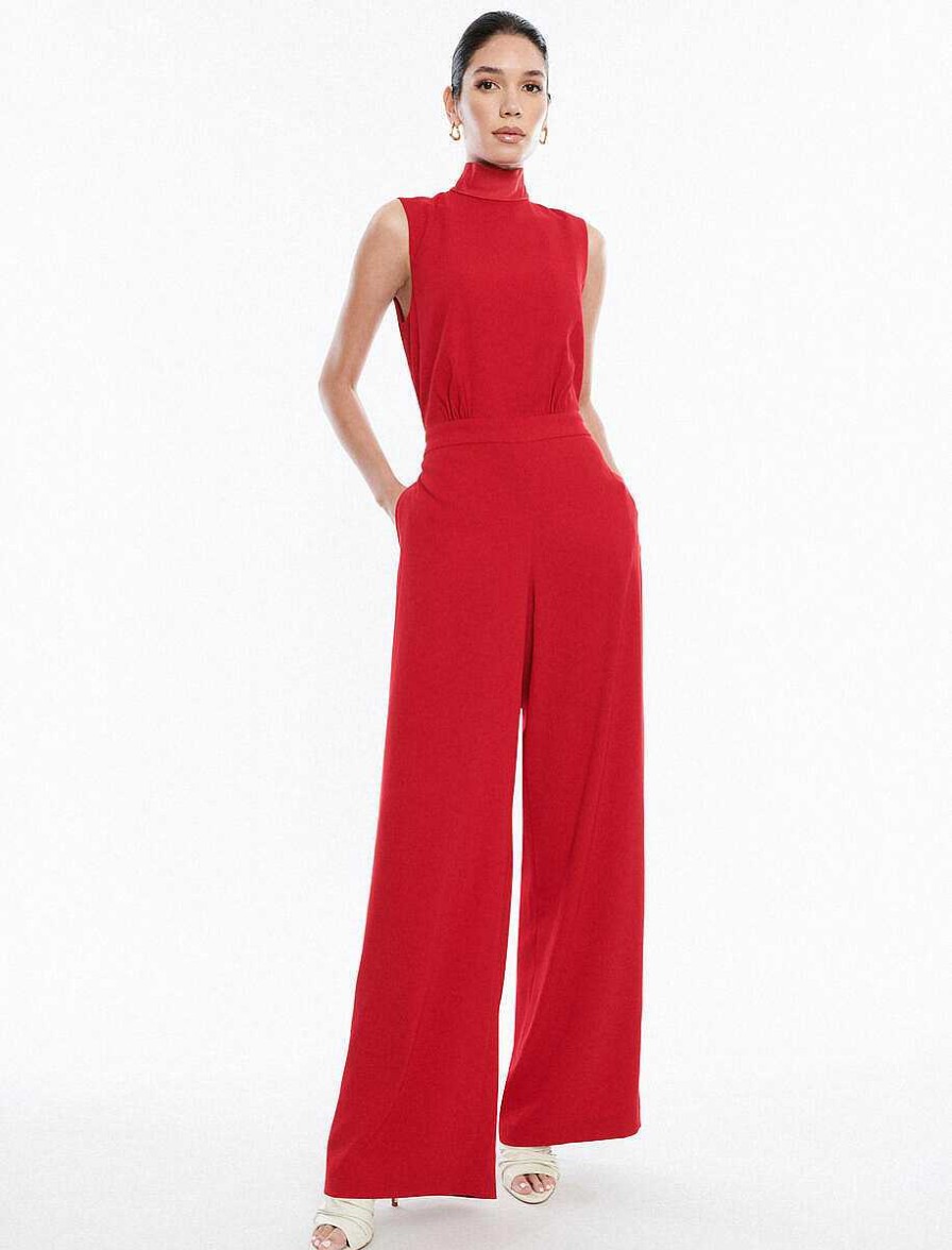 BCBG MAX AZRIA Jumpsuit Cuello Alto Pierna Ancha Con Lazo Jumpsuits Rompers