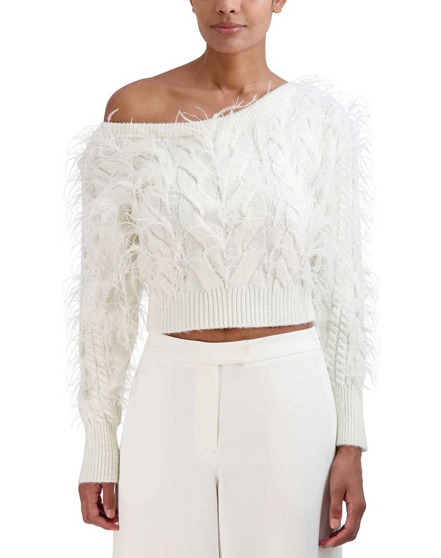 BCBG MAX AZRIA Crop Asymmetric Sweater Pullover With Plumas Sweaters