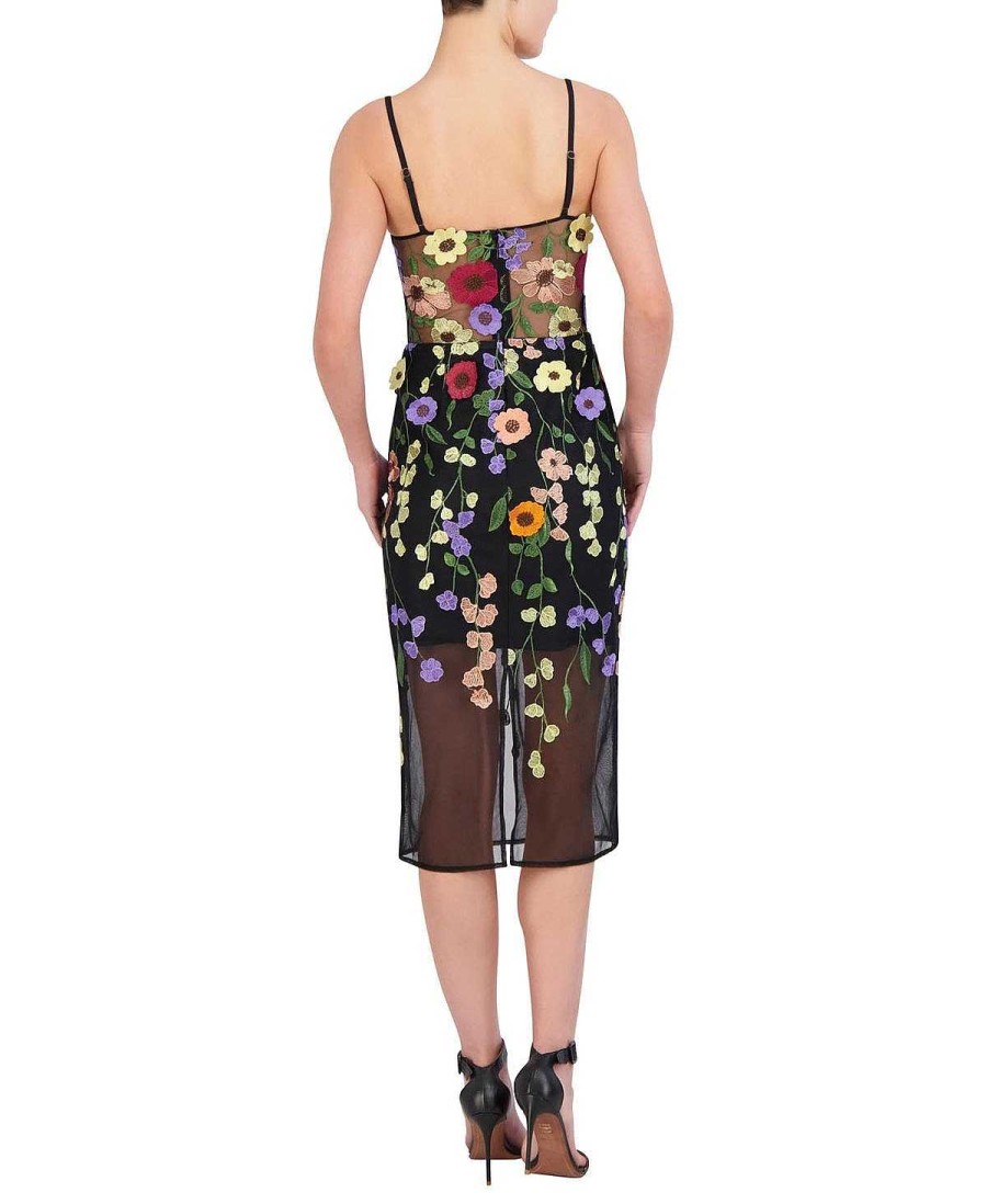 BCBG MAX AZRIA Tul Midi Dress With Floral Embroidered Appliances Night