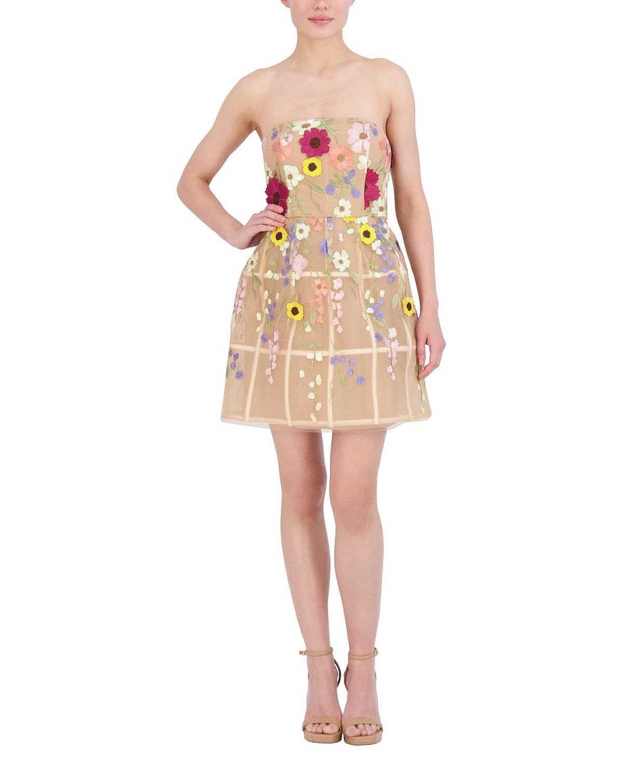 BCBG MAX AZRIA Tul Dress With Floral Embroidered Appliances Cocktail