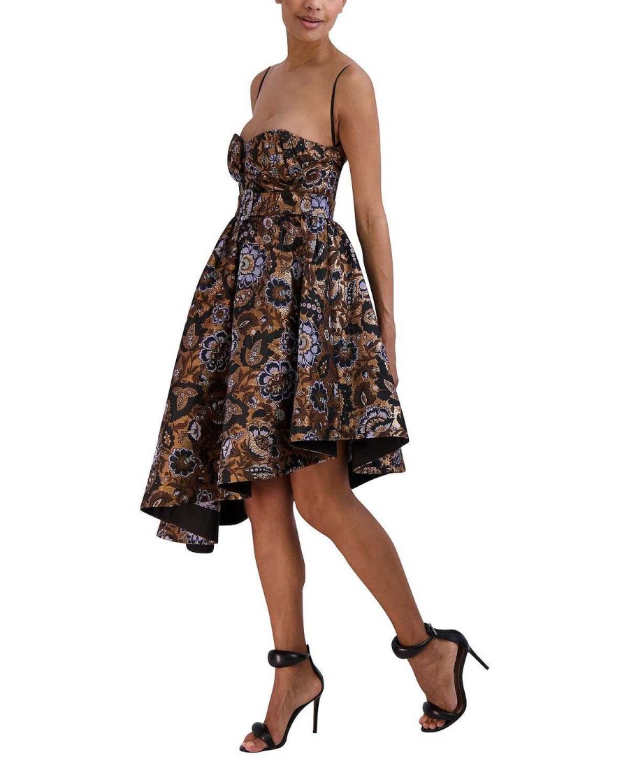 BCBG MAX AZRIA High And Low Asymmetric Metallic Floral Jacquard Dress Cocktail