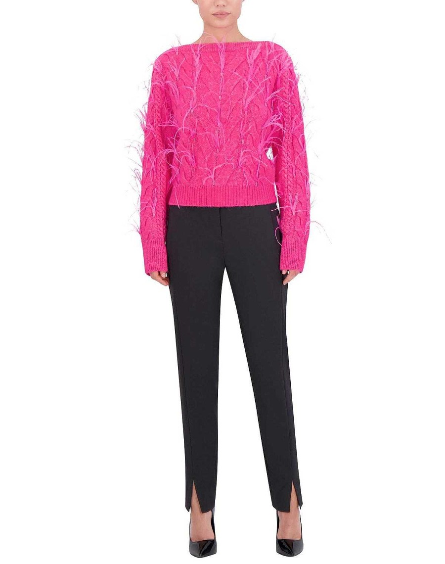 BCBG MAX AZRIA Crop Asymmetric Sweater Pullover With Plumas Sweaters