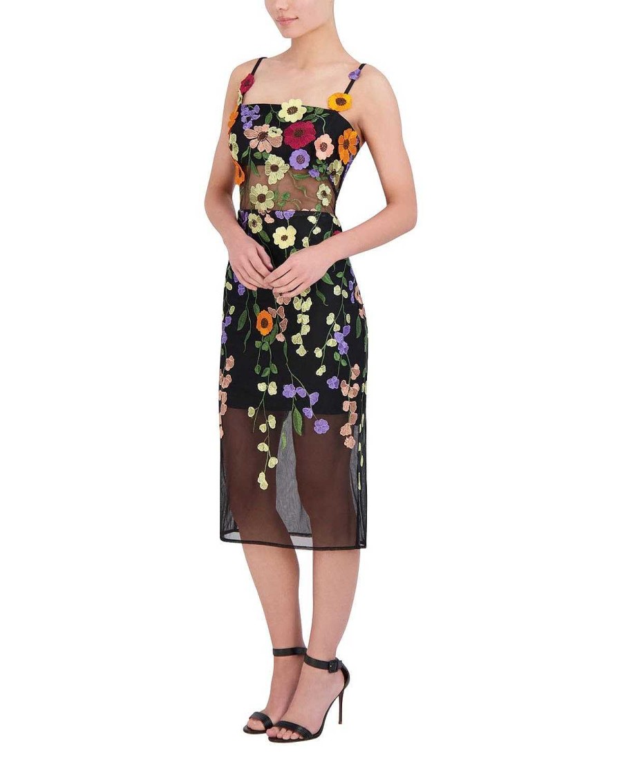 BCBG MAX AZRIA Tul Midi Dress With Floral Embroidered Appliances Night