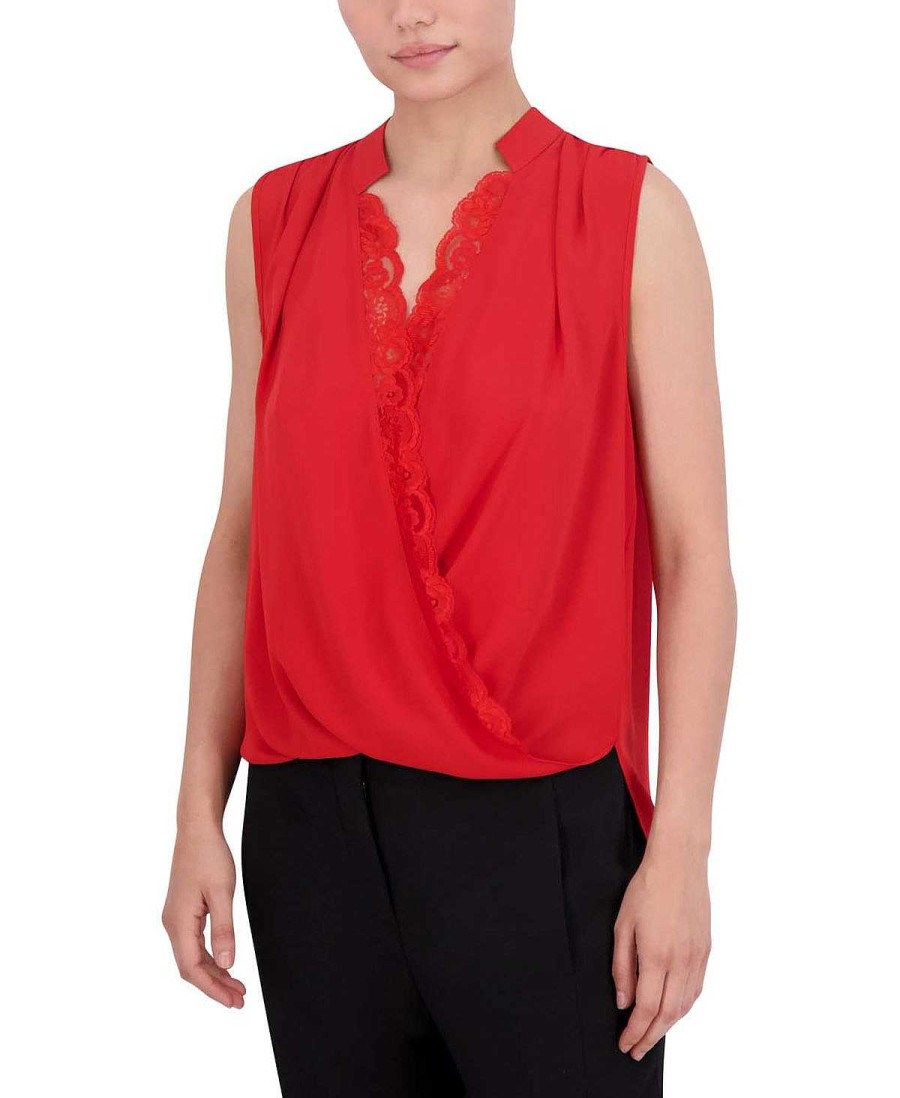 BCBG MAX AZRIA Satina Blouse Cross Effect Drapeed Encaje Tops